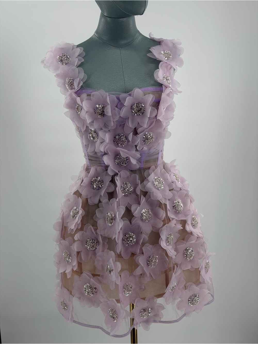 🆕 BRONX & BANCO 🧿 NWOT Rosalie Floral-Appliqué Mini Dress, Lavender, Sz XS US2 - Picture 3 of 16